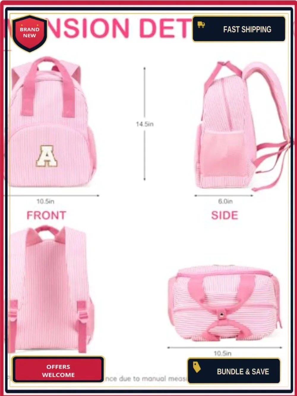 Personalized Initial Kids Backpack, Cotton Toddler Travel Daypack for School